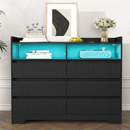 Spaco Black Dresser for Bedroom, 6 Drawer Dresser with LED Lights and 2 Cubby,Chest of Drawers,Wood Dresser,Dresser Bedroom Furniture,Wide TV Stand Dresser for Kid's Room,Nursery - WoodArtSupply