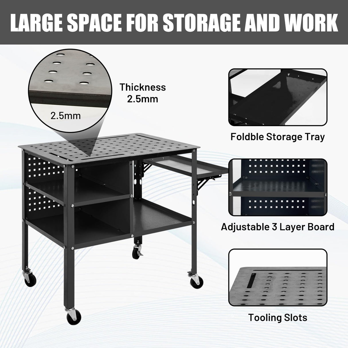 Hymula Welding Table 36" X 24", 1200 lbs Load Capacity Welding Work Bench on Wheels, Steel Work Table with Adjustable Shelves, Portable Workbench with Foldable Tray, Welding Cart for Welding Sawing Hymula