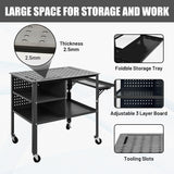 Hymula Welding Table 36" X 24", 1200 lbs Load Capacity Welding Work Bench on Wheels, Steel Work Table with Adjustable Shelves, Portable Workbench with Foldable Tray, Welding Cart for Welding Sawing Hymula