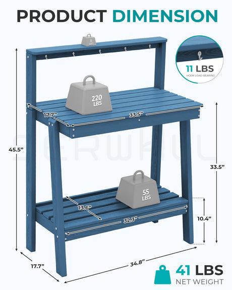 SERWALL Potting Bench Outdoor with Storage, 3-Tier HDPE Gardening Table with Angled Legs & Tool Hooks, All-Weather Heavy Duty Potting Table for Patio, Backyard, Garden, Blue SERWALL