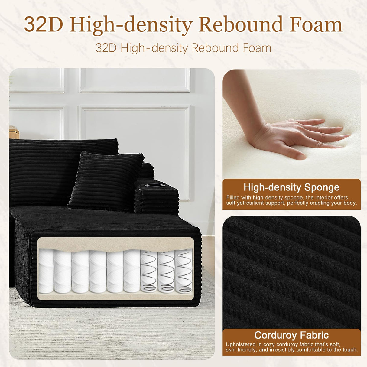 134 Inch Modular Sectional Sleeper Sofa, Boneless Cloud Couch for Living Room, U Shaped 5 Seat Sofa with 2 Storage Pockets& 2 Cup Holders, Free Combination, No Assembly Required (Black) HANXIN