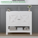 4ever2buy Farmhouse Bathroom Vanity with Sink, 35 Inch Bathroom Vanity Cabinet, Freestanding Vanity, 2 Doors and Open Shelf, Bathroom Cabinet with Ceramic Sink, White 4ever2buy