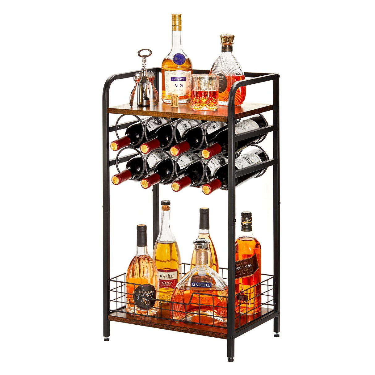 Bosimeca 3-Tier Industrial Wine Bar Table with 8-Bottle Rack and Liquor Storage Bosimeca