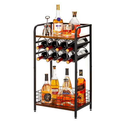 3-Tier Wine Bar Table: Small Liquor Bottle Holder with 8-Bottle Wine Rack Mini Wine Bar Cabinet Corner Whiskey Display Shelf Floor Liquor Storage Bar for Home Living Room