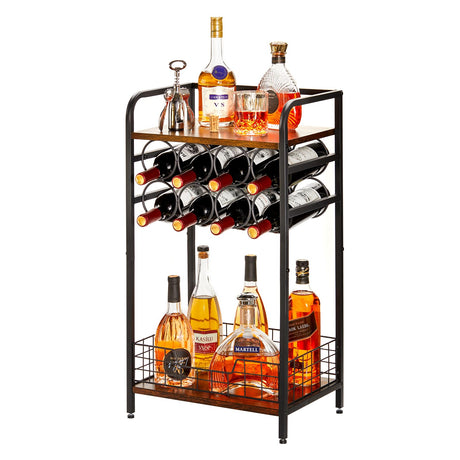 Bosimeca 3-Tier Industrial Wine Bar Table with 8-Bottle Rack and Liquor Storage Bosimeca
