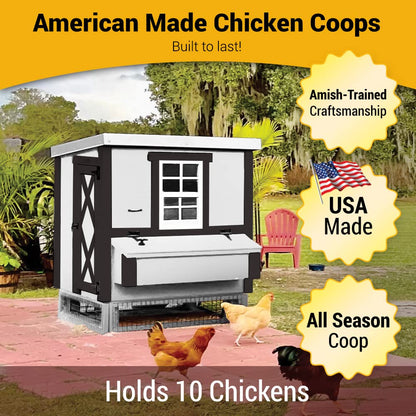 OverEZ Farmhouse Medium Chicken Coop for up to 10 Chickens - Nesting Box - Large Bird, Poultry and Hen House, Made in USA - WoodArtSupply