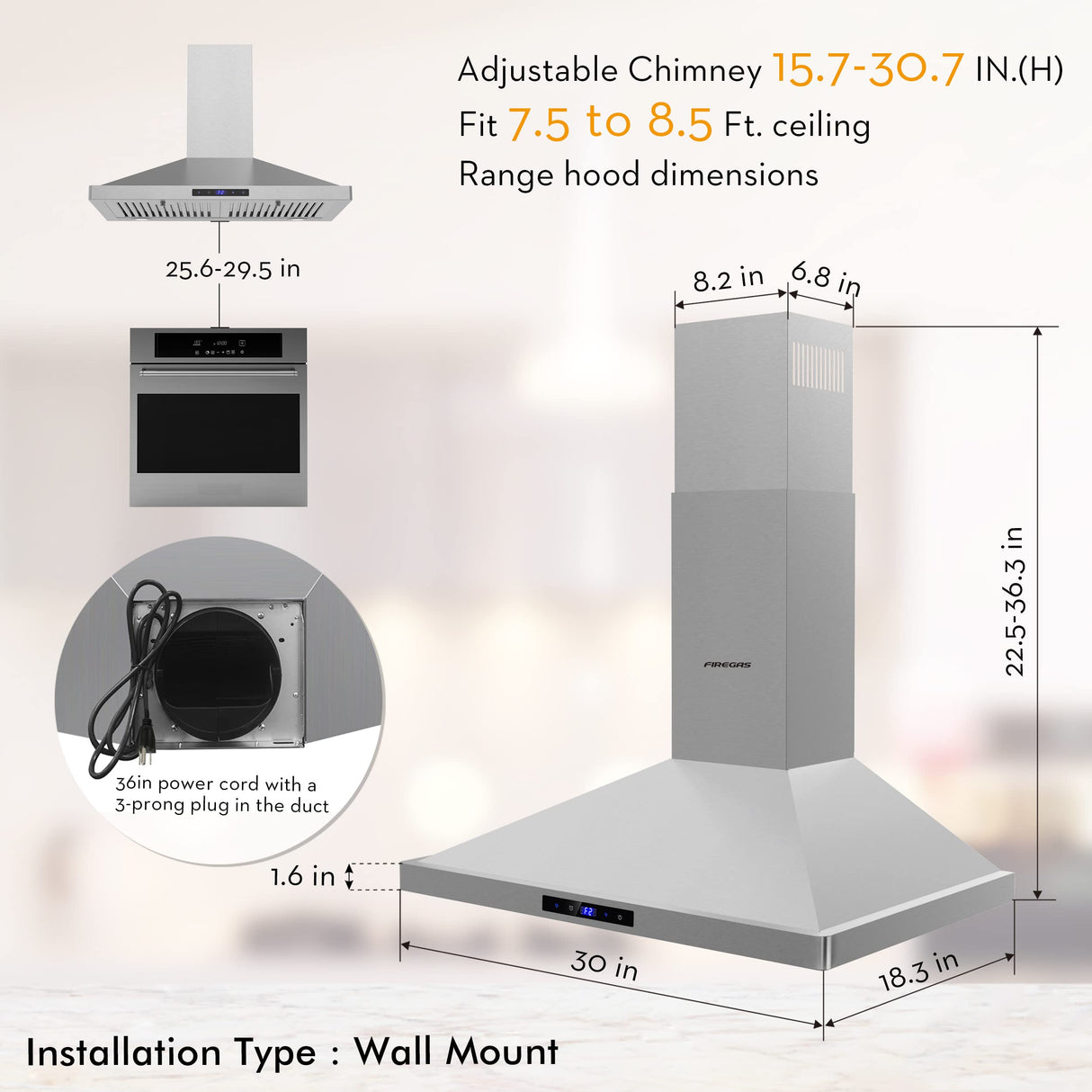 FIREGAS Range Hood 30 inch Wall Mount,450 CFM Ducted/Ductless Range Hood with Stainless Steel,Stove Hood Vent for Kitchen with 3 Speed Fan,Permanent Filters,Led Lights,Digital Touch,Charcoal Filter FIREGAS