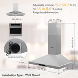 FIREGAS Range Hood 30 inch Wall Mount,450 CFM Ducted/Ductless Range Hood with Stainless Steel,Stove Hood Vent for Kitchen with 3 Speed Fan,Permanent Filters,Led Lights,Digital Touch,Charcoal Filter FIREGAS