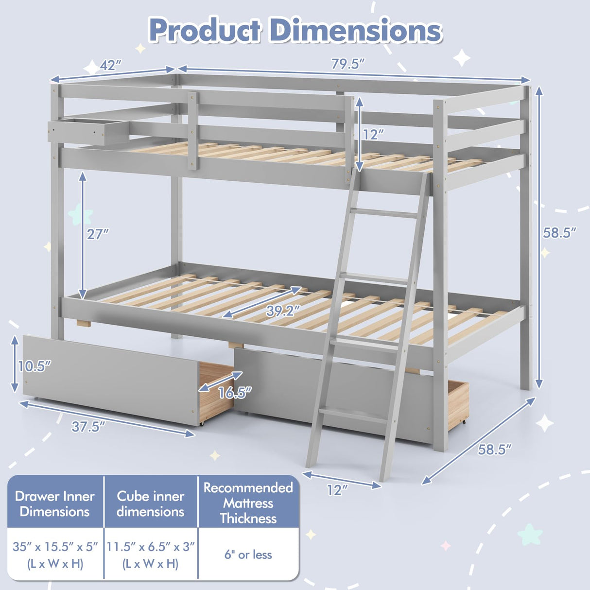 KOTEK Twin Over Twin Bunk Bed with Storage Drawers and Guardrails in Grey KOTEK