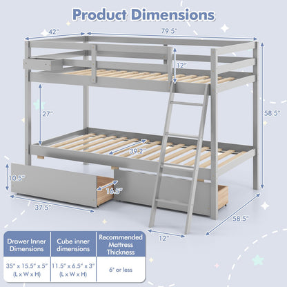 KOTEK Twin Over Twin Bunk Bed with Storage Drawers and Guardrails in Grey - WoodArtSupply