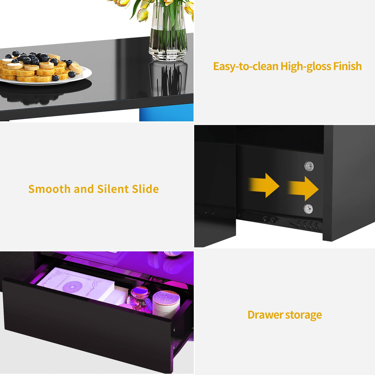 DWVO LED Modern Coffee Tables for Living Room, High Gloss Black Coffee Table with Storage, Small Wood Center Coffee Table with Open Side Shelf and 2 Sliding Drawers, Black DWVO