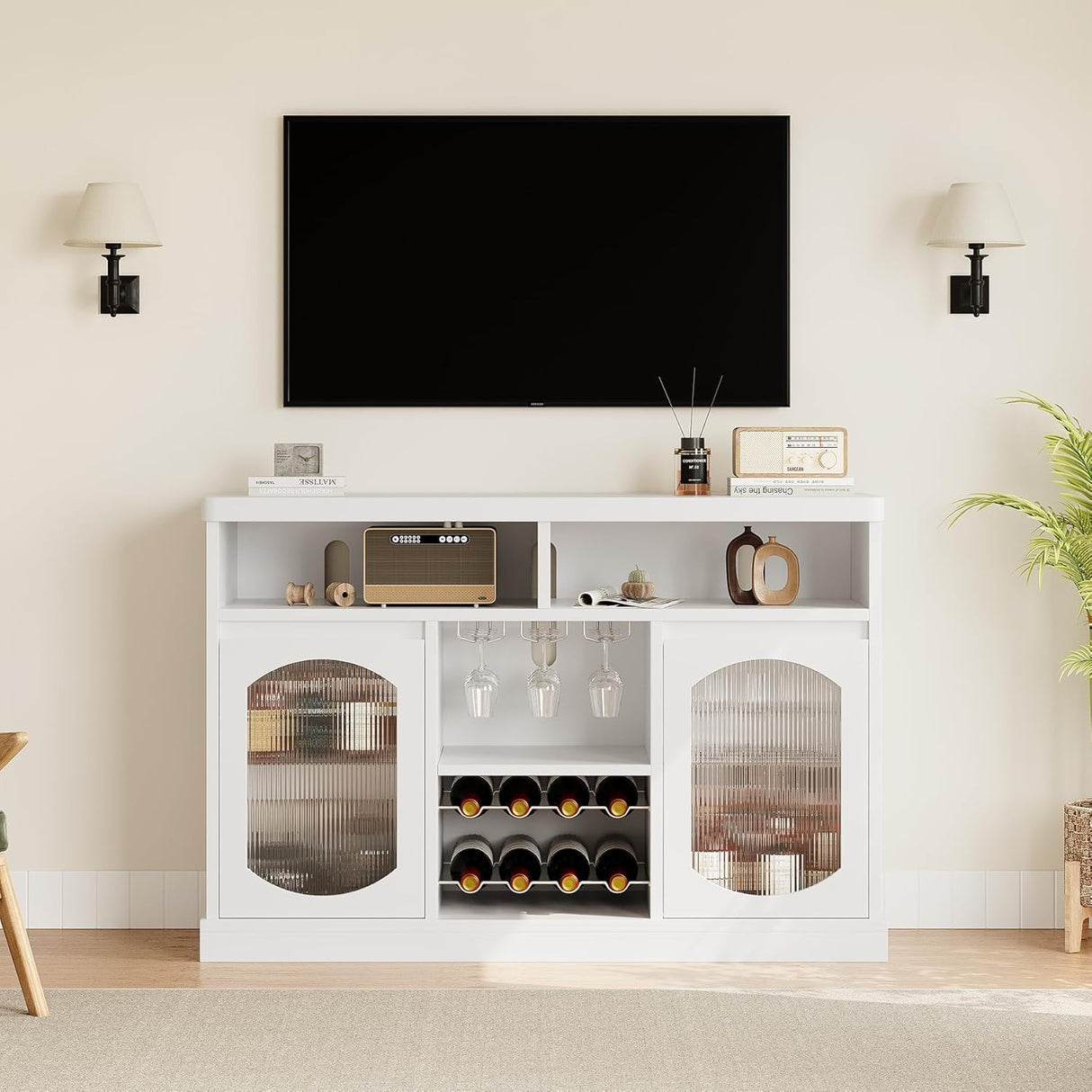 GOCAPTAIN Wine Bar Cabinet White Modern Coffee Sideboard Buffets with Led Lights, Wine Racks Glass Holder, 2 Glass Doors, Adjustable Shelves for Kitchen, Dining Room, Living Room GOCAPTAIN