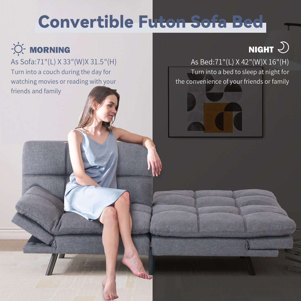 Hcore Convertible Splitback Futon Sofa Bed for Living Room, Office, Apartment - Memory Foam Sleeper Loveseat, Modern Small Couch in Grey Hcore