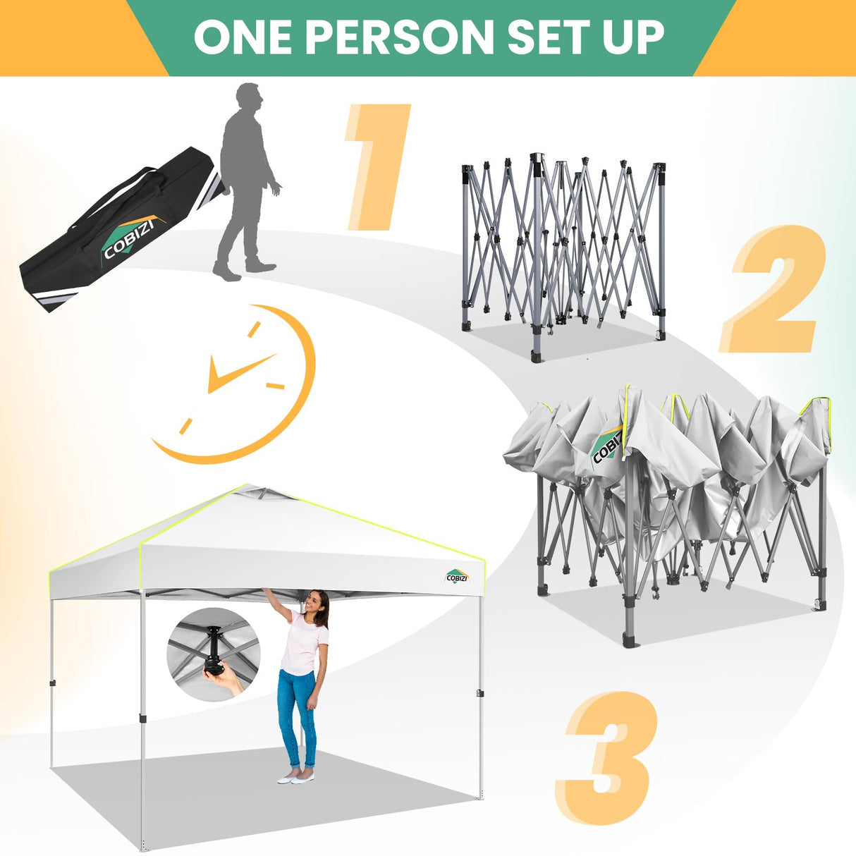 COBIZI 10x10 Pop Up Canopy Tent, One Push Setup Glow Outdoor Tent with 4 Sidewalls, 3 Adjustable Height, Air Vent,Waterproof UPF50+, Bag, Sandbag, Stake, Rope for Wedding, Commercial, Party, White COBIZI
