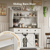 REVOMINCA 63 Inch Tall Coffee Bar with 3-Tier Storage, Farmhouse Coffee Bar Cabinet with 3 Storage Drawers, White Hutch Cabinet with Glass Holders, Wine Bar for Living Dining Room REVOMINCA