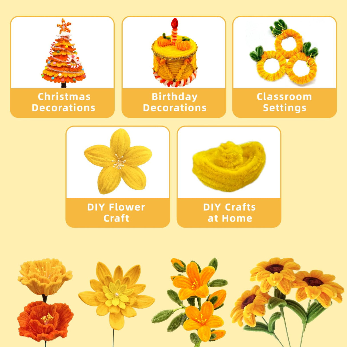 URSDIART 311pcs Pipe Cleaners Flowers Kit,300pcs Yellow Pipe Cleaners Crafts Chenille Stems Bulk 10 Flower Stems Green Tape, Art and Craft Projects Supplies for Flowers, Classroom Project,Decoration URSDIART