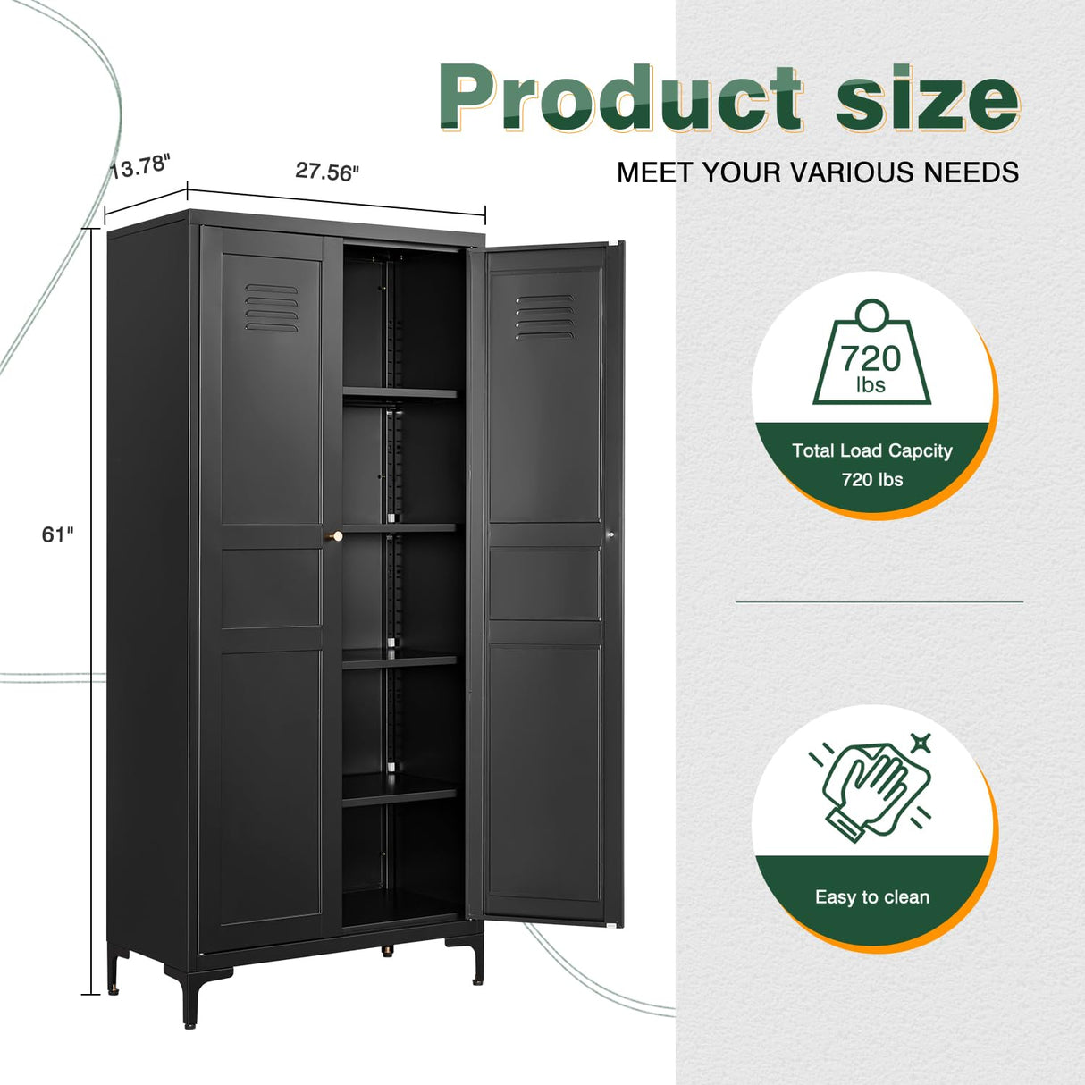 Letaya Black Storage Cabinet with Feets-Metal Home Kitchen Pantry Cabinets with Doors and Adjustable Shelves,Organization Locker for Cupboard/Bedroom/Dining/Living/Bathroom/Office/Garage Room (Black) Letaya