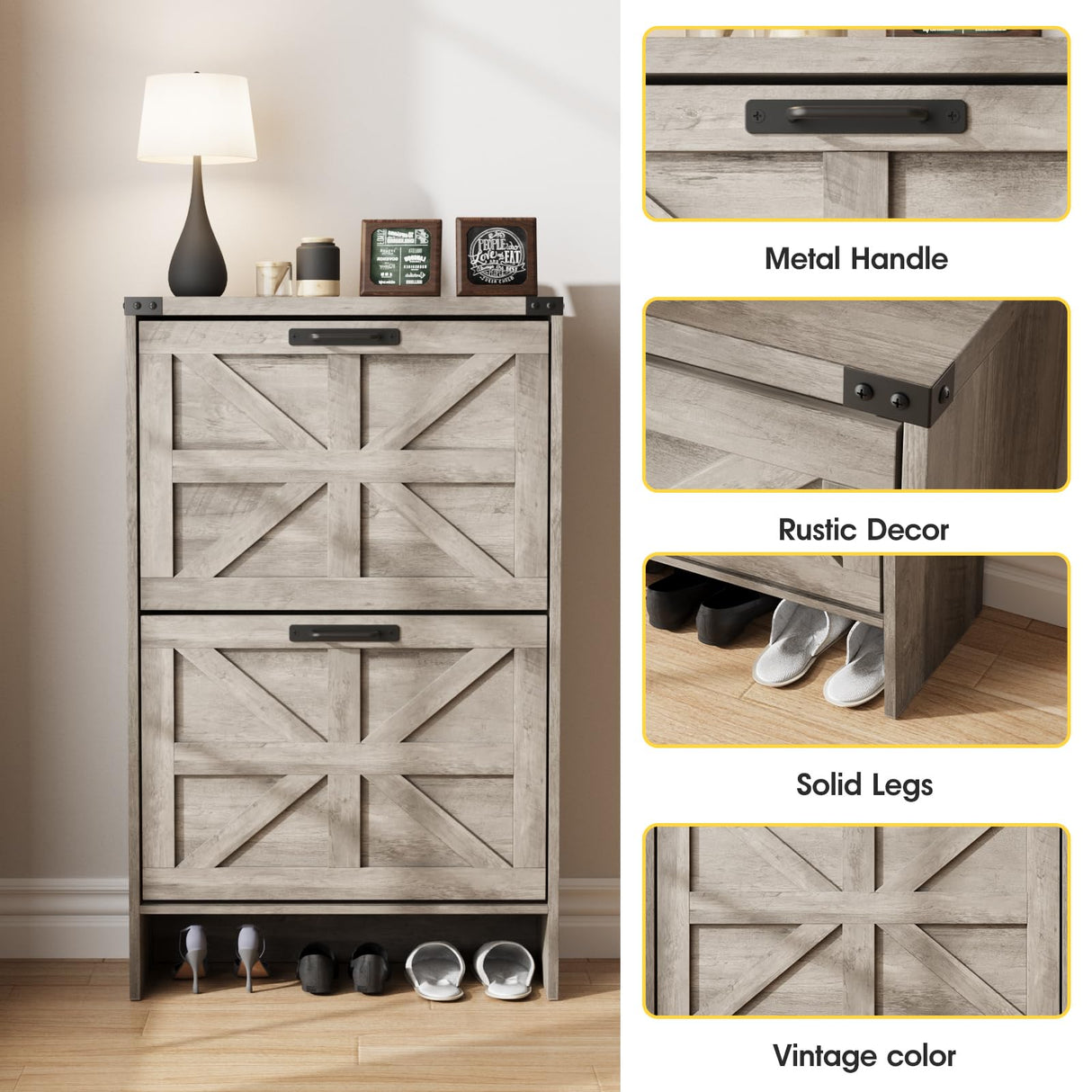 Halitaa Shoe Storage Cabinet for Entryway,Farmhouse Slim Shoe Cabinet with 2 Flip Drawers,Narrow Shoe Rack Cabinet for Entrance Hidden Shoes,Grey Halitaa