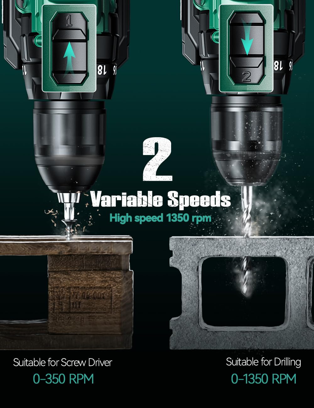 KIMO 20V Cordless Drill Set with 2 Packs 2.0Ah Battery, Max 350 In-lb Torque, 1350 RPM, 3/8" Keyless Chuck, 18+2 Clutch Setting, 18pcs Accessories, Power Drill for Drilling Wood Bricks Walls Metal K I M O.