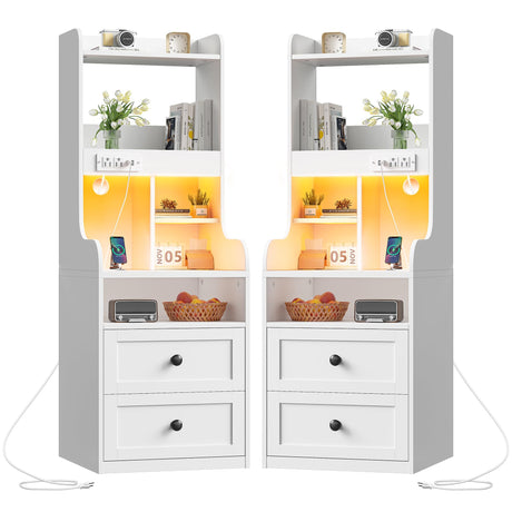 EnHomee Tall LED Nightstands Set of 2 with Charging Station and 2 Drawers in White EnHomee