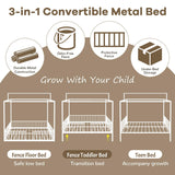 Klwenas Maec White Montessori Floor Bed Frame Full Size, 3-in-1 Convertible Metal Canopy Bed Frame with Fence & Sturdy Metal Slats Support for Boys Girls Bedroom,Easy Assembly (White, Full) Klwenas Maec