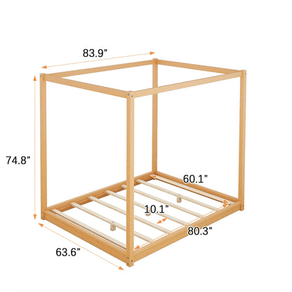 Modern Queen Size 4-Poster Canopy Bed Frame in Natural Wood Finish - WoodArtSupply