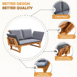 Greesum Patio Convertible Couch Sofa Bed with Adjustable Armrest, Acacia Wood Outdoor Daybed with Cushion & Pillow, Folding Chaise Lounge Bench for Porch Courtyard Poolside，Gray Greesum