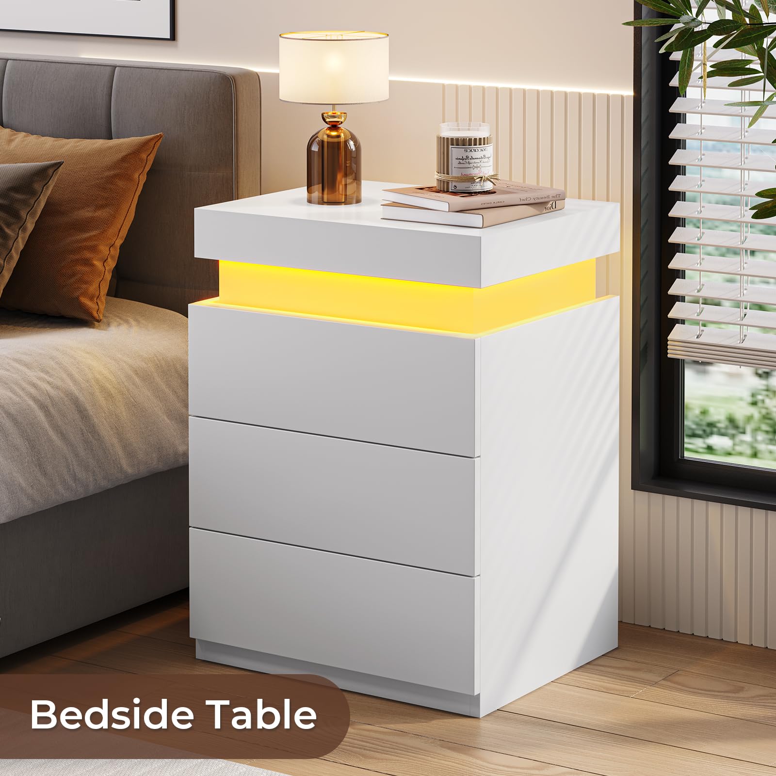 BTHFST Modern LED Nightstands Set of 2 with Charging Station and Sliding Top in White - WoodArtSupply