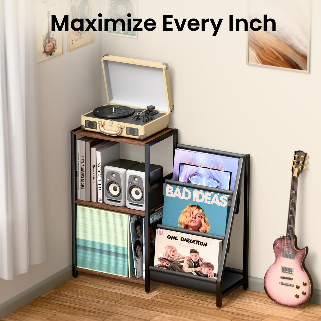 Record Player Stand, Turntable Stand with Vinyl Record Storage, 3-Tier Record Player Table 200+ Albums, End Table with Vinyl LP Display Shelf Holder, Turntable Cabinet Media Console for Stereo FEKTIK