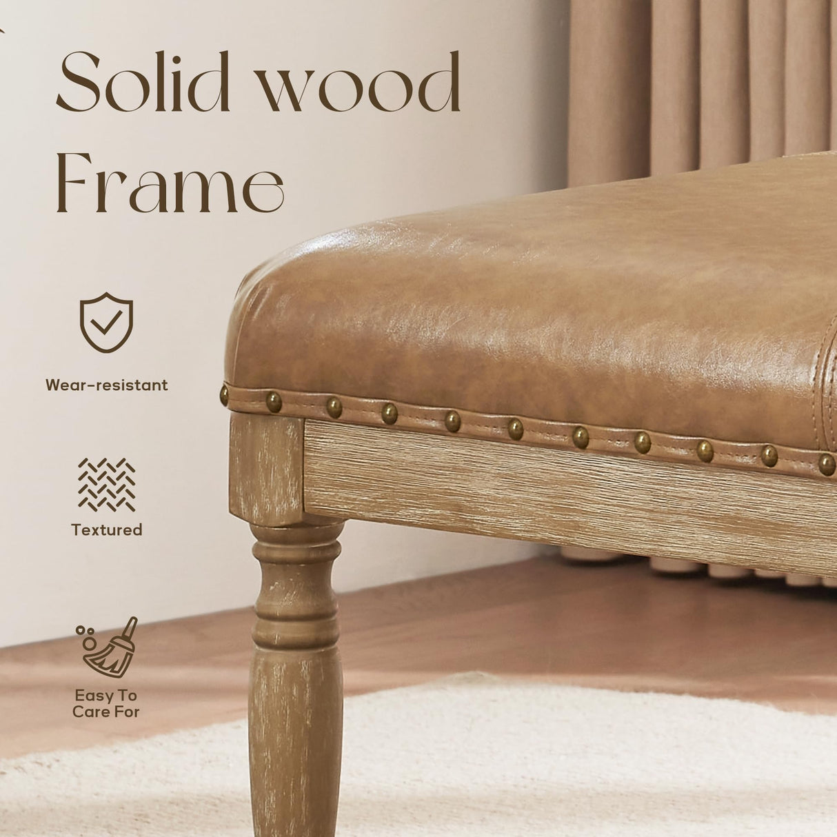 HUIMO 33-Inch Leather Ottoman Coffee Table, Large Ottoman for Living Room, Square Ottoman with Shelf & Solid Wood Frame, Upholstered Ottoman Foot Rest (Light Brown) HUIMO