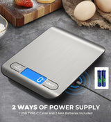 AZC Rechargeable Food Scale,33 lb Kitchen Scale, Digital Weight Grams and Ounces, 6 Units with Tare Function,8.2 x 6 x 0.7 inches AZC