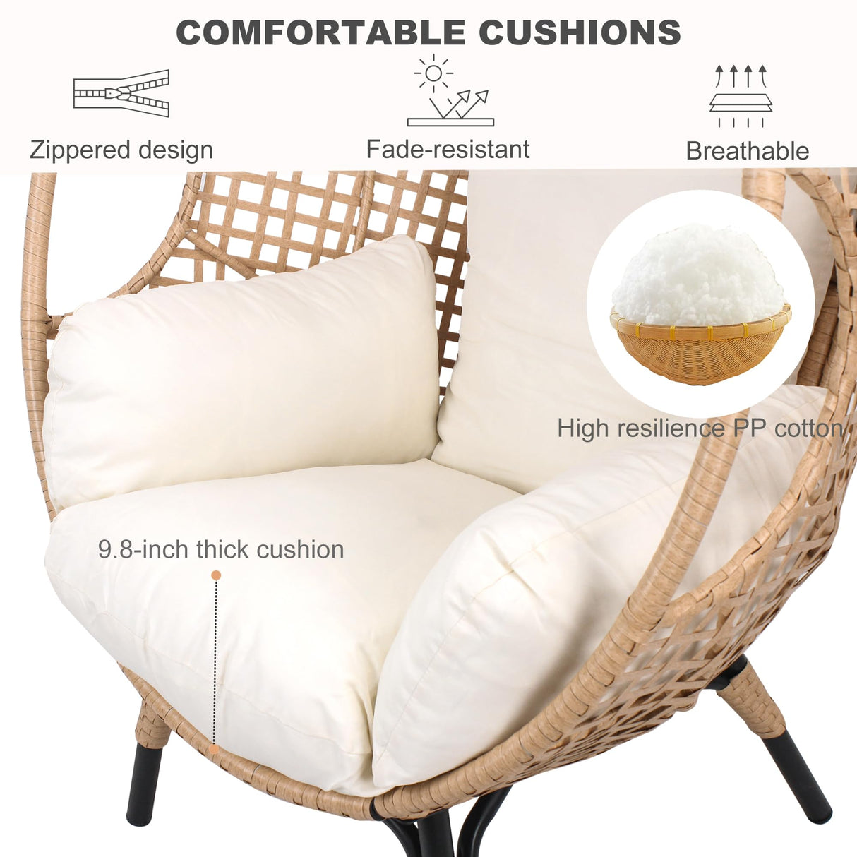TQKVIPI Oversized Wicker Egg Chair Outdoor Indoor Rattan Patio Egg Lounge Chairs with Cushion 500lbs Capacity for Living Room, Balcony, Backyard(Beige) TQKVIPI