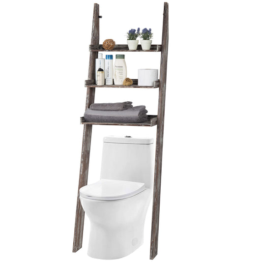 MyGift Over The Toilet Storage Shelves Torched Solid Wood 3 Tier Wall Leaning Ladder Bathroom Organizer Rack for Small Space Bathroom