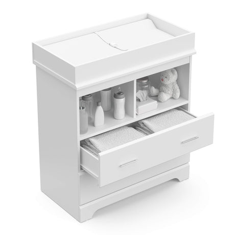 Storkcraft Brookside 2 Drawer Changing Table Dresser (White) – GREENGUARD Gold Certified, Easy-to-Match Chest of Drawers and Cubbies for Nursery and Kids Bedroom, Includes Changing Table Topper Storkcraft