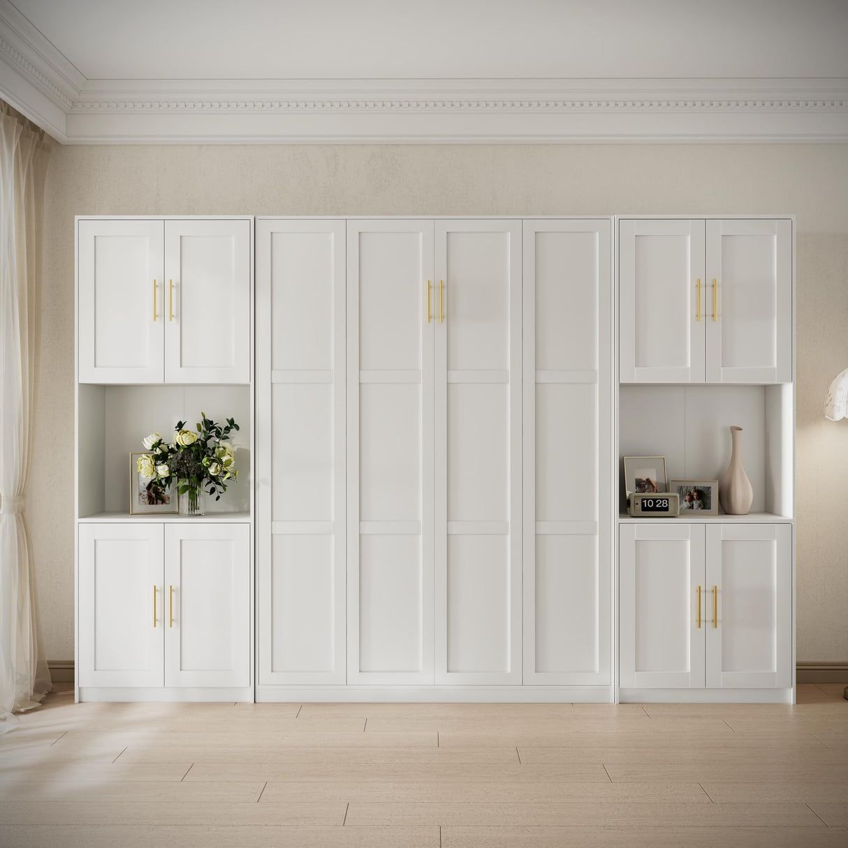 Farmhouse Murphy Bed Queen, 85" Wall Bed Folds to Save Space, Concealed Bed Frame with 2 Storage Cabinets and Wall Mounted Features for Apartment/Office/Guest Room Bobve