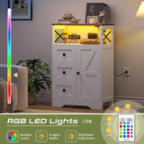 Yoobure LED Storage Cabinet with Doors and Shelves, Farmhouse Coffee Bar Pantry Cabinet with Drawers and Power Outlet, Wood Sideboard for Entryway Bathroom Dining Room Living Room Bedroom, White Yoobure