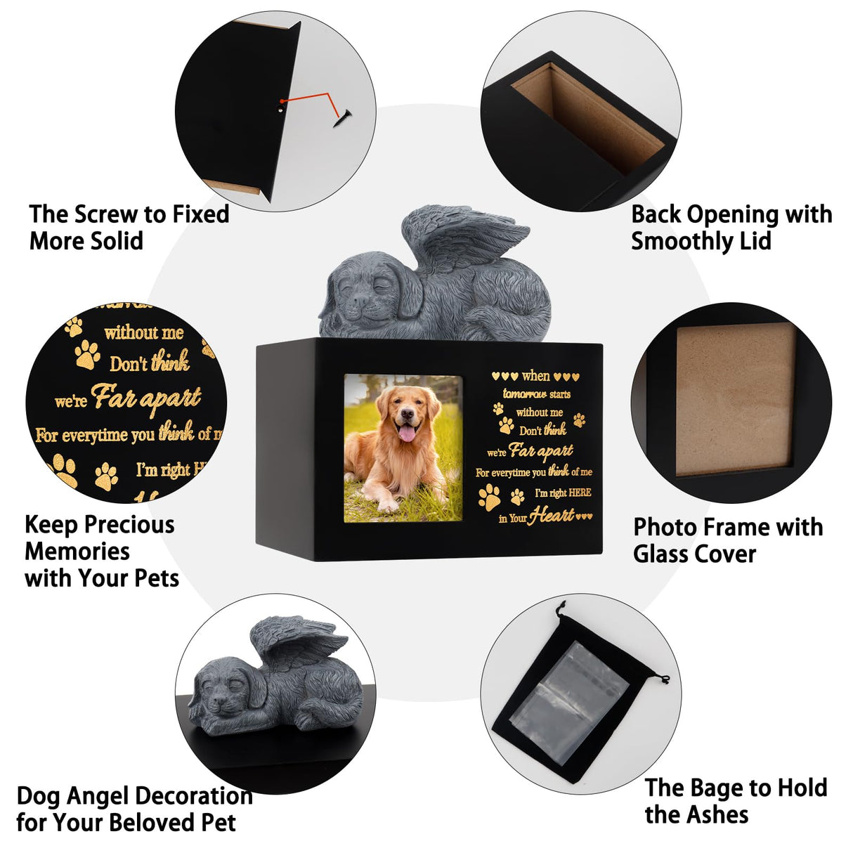 LPREUTWN Pet Urns for Ashes, Large Wooden Pet Urns for Dog or Cat Ashes with Dog Angel, Memorial Keepsake Memory Box with Photo Frame, Loss Pet Sympathy Remembrance Gift (Black) LPREUTWN