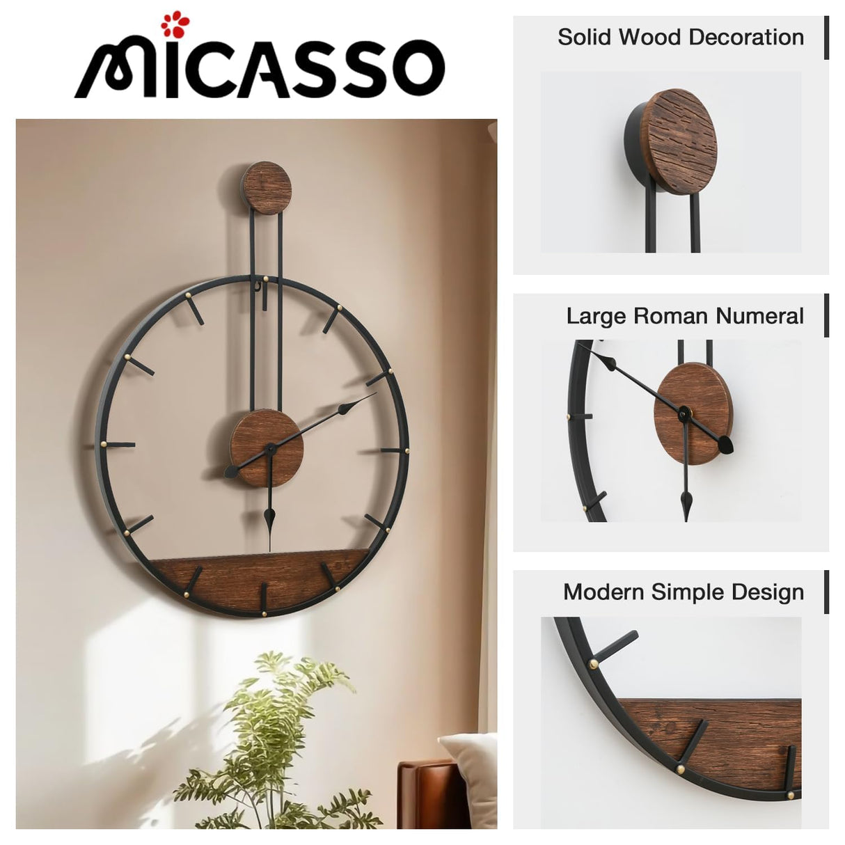 Micasso 24 * 32 in Solid Wood Large Wall Clock, Modern Simple Wall Decor Metal Frame Silent Non Ticking Clock for Living Room Decor, Kitchen, Bedroom. Micasso