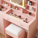 Karl home Makeup Vanity with Lighted Mirror Bedroom Vanity Desk with Charging Station Large Vanity Set with Transparent Desk, Drawers, Cabinet, Shelves for Storage in Bedroom, Light Pink Karl home