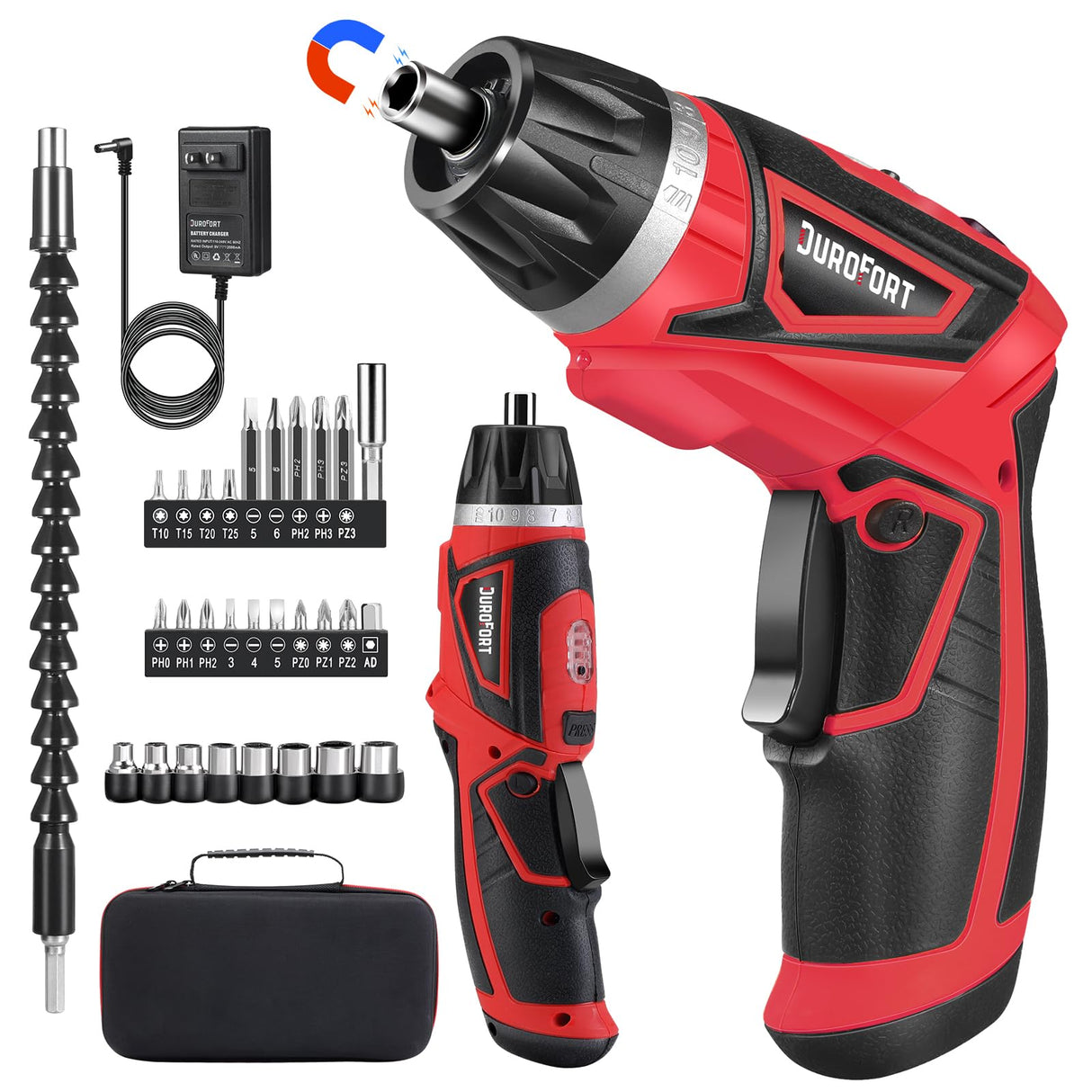 Cordless Electric Screwdriver Set, 8V Max 10Nm Rechargeable Power Electric Drill, Battery Screw Gun with 28pcs Driver Bit Set, 320RPM/10+1 Torque Setting, 2 Position Handle, Flexible Shaft LED Light DuroFort