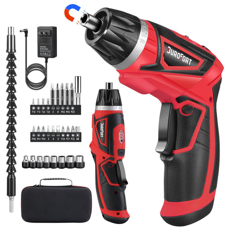 Cordless Electric Screwdriver Set, 8V Max 10Nm Rechargeable Power Electric Drill, Battery Screw Gun with 28pcs Driver Bit Set, 320RPM/10+1 Torque Setting, 2 Position Handle, Flexible Shaft LED Light DuroFort
