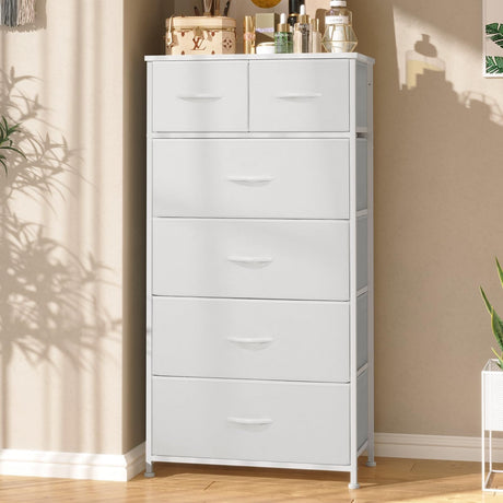 Crestlive Products Tall Dresser for Bedroom Vertical Skinny Dresser - Sturdy Steel Frame, Wood Top, Easy Pull Fabric Bins- Organizer Unit for Bedroom, Entryway, Closets - 6 Drawers (White) Crestlive Products