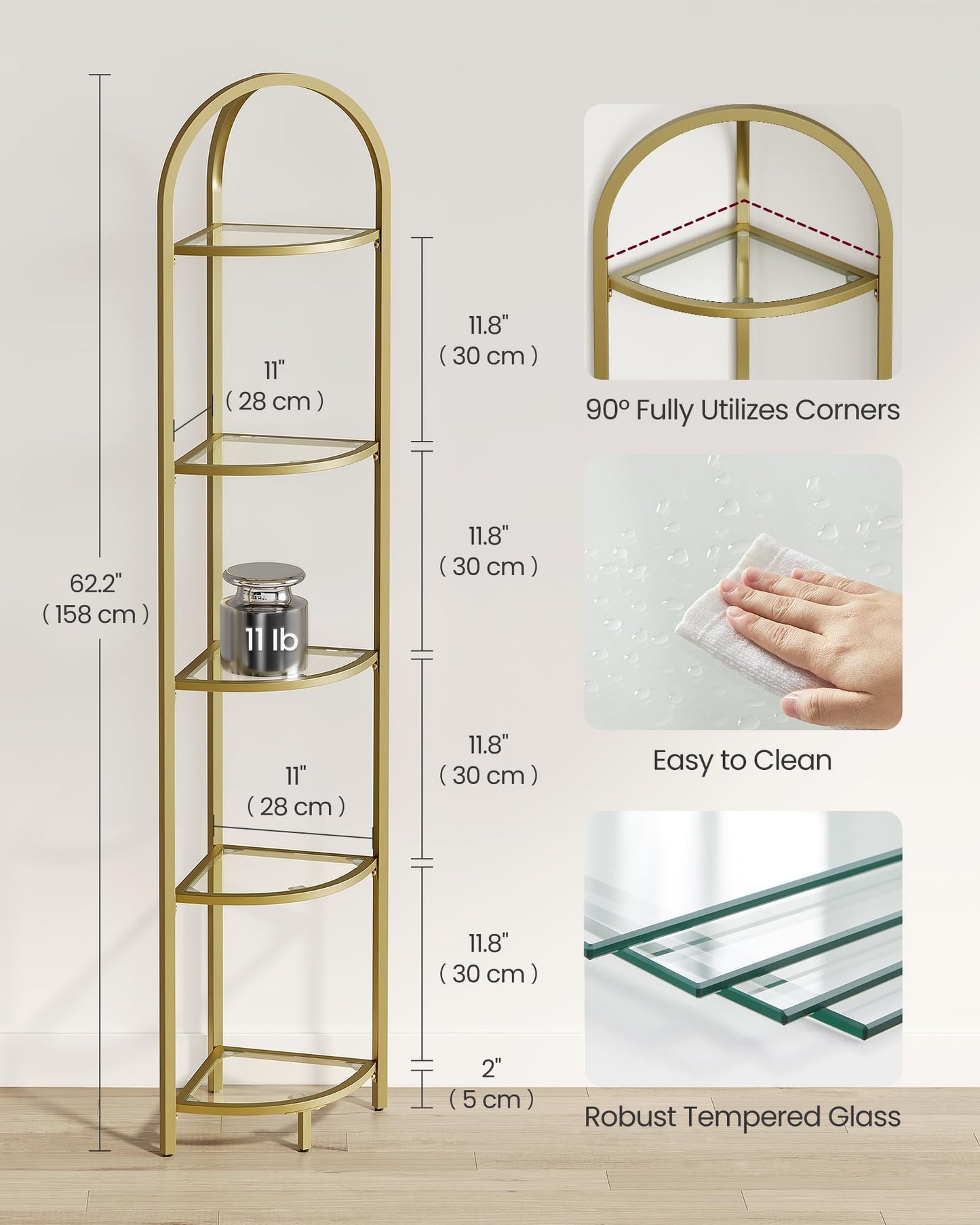 VASAGLE 5-Tier Corner Shelf Stand, Corner Bookshelf, Bathroom Organizer, Plant Stand, Tempered Glass, Steel Frame, Modern Style, for Living Room, Bathroom, Kitchen, Metallic Gold ULGT810A01