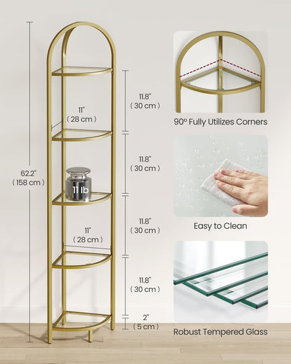 VASAGLE 5-Tier Corner Shelf Stand, Corner Bookshelf, Bathroom Organizer, Plant Stand, Tempered Glass, Steel Frame, Modern Style, for Living Room, Bathroom, Kitchen, Metallic Gold ULGT810A01