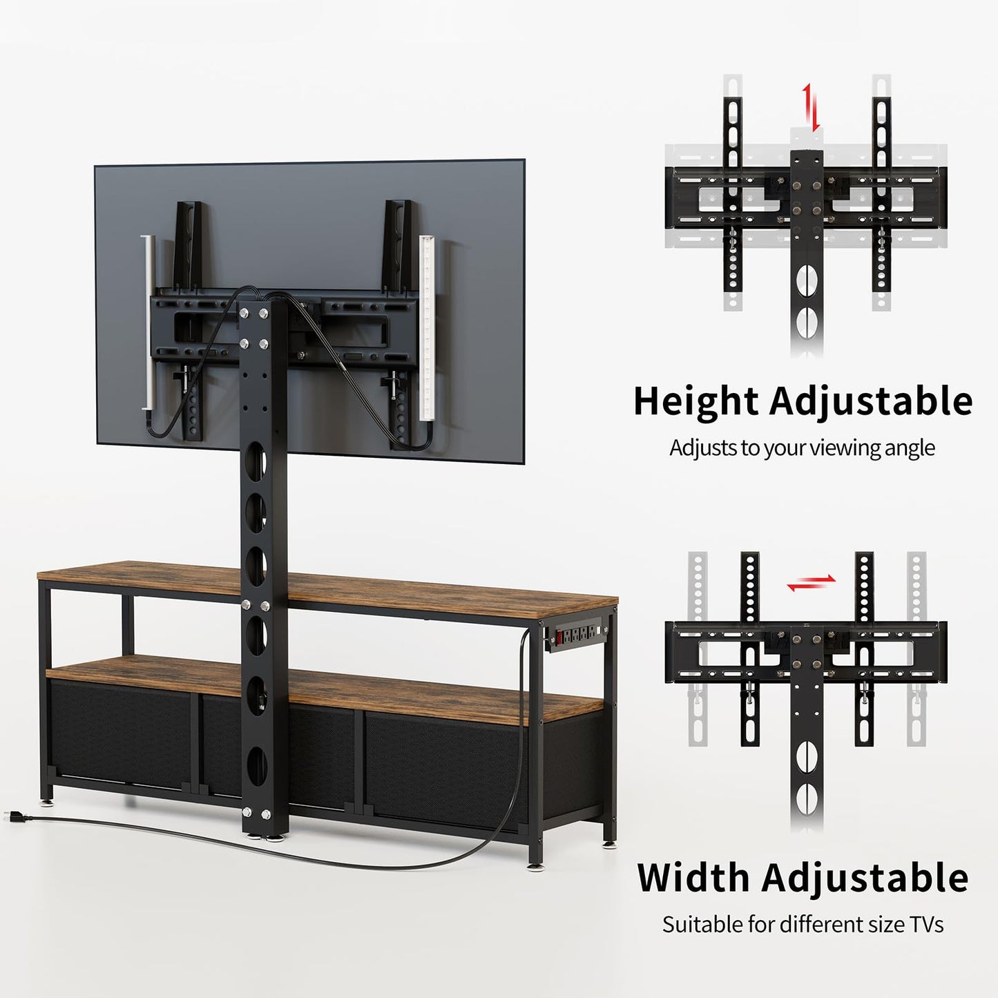 JUSTOGO TV Stand with Mount and Power Outlet, TV Stand with Drawers Storage for Living Room Bedroom, LED Entertainment Center for 45/55/60/65 inch TVs, Height Adjustable Media Console, Rustic