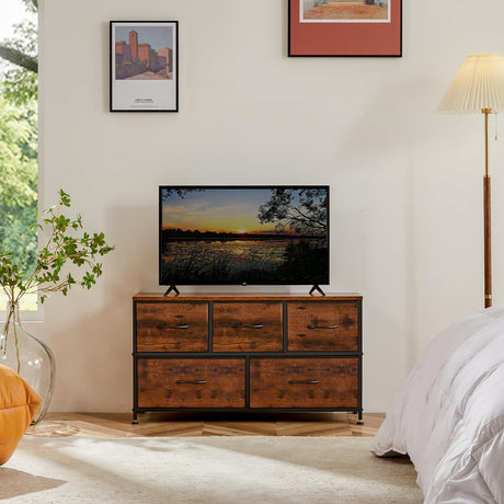 NEWBULIG Dresser for Bedroom, Brown Dresser and TV Stand with 5 Storage Drawers, Dressers & Chests of Drawers with Fabric Bins, Sturdy Metal Frame, Wood Tabletop for Closet, Clothes Organizer NEWBULIG