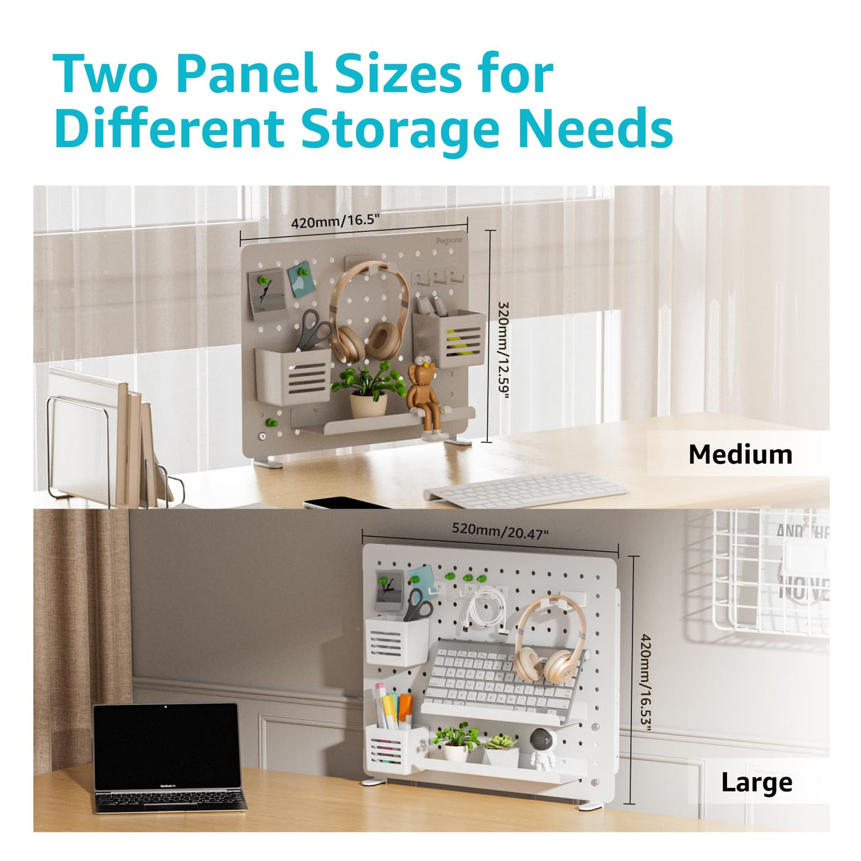 PEGZONE Clamp-on Desk Pegboard, Desk Organizer for Office Gaming Home, Magnetic Metal Peg Board with 10 Accessories, Privacy Panel for Office, 16.5" x 12.6", Medium, White PEGZONE