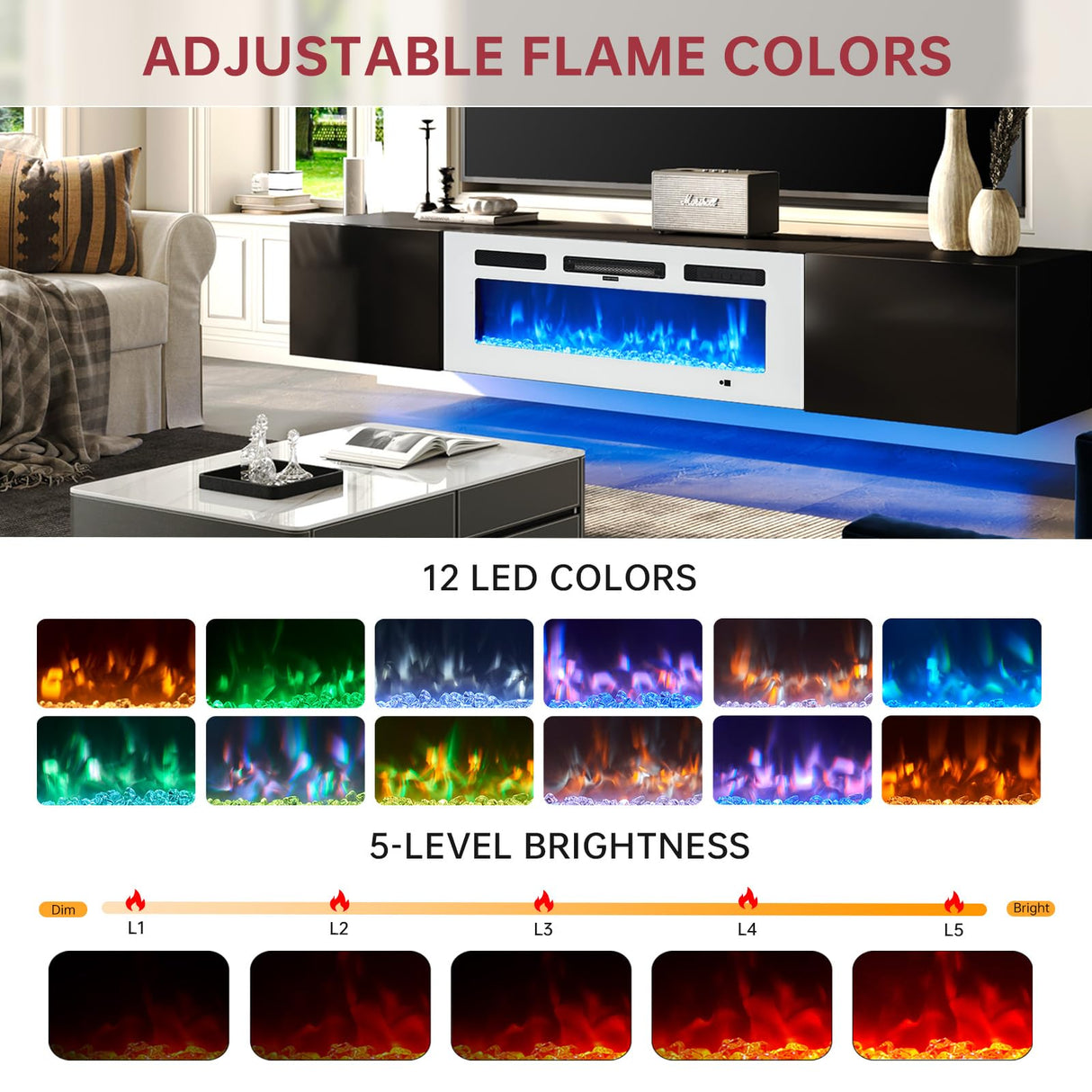 oneinmil Floating TV Stand with 36" Electric Fireplace, Wall Mounted Fireplace Entertainment Center with Storage, 70" TV Console with Fireplace, Floating TV Cabinet, Black+White oneinmil