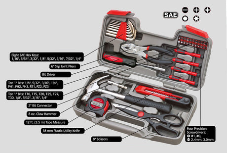 Apollo Tools Original 39 Piece General Household Tool Set in Toolbox Storage Case with Essential Hand Tools for Everyday Home Repairs, DIY and Crafts Red/Black - DT9706 Apollo