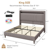 King Bed Frame with 55.3" Tall Headboard, Corduroy Upholstered Platform Bed with LED Lights & Charging Station, Wingback Storage Headboard, Solid Wood Slats,Noise Free,No Box Spring Needed,Gray Brown Welzona